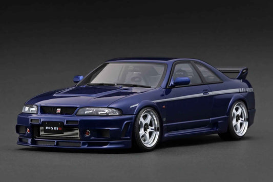 Deep blue 1:18 Skyline GT-R model car, front three-quarter view