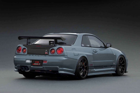 1:18 scale Skyline GT-R model car rear view, stealth grey with GT-R-style spoiler