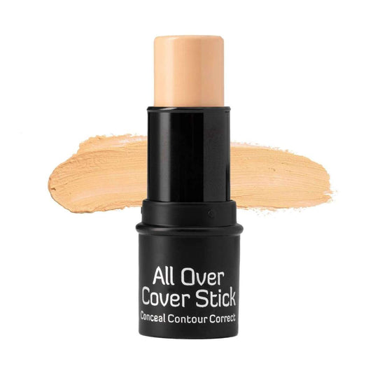 Concealer stick with light cream base and beige swatch on a flat surface