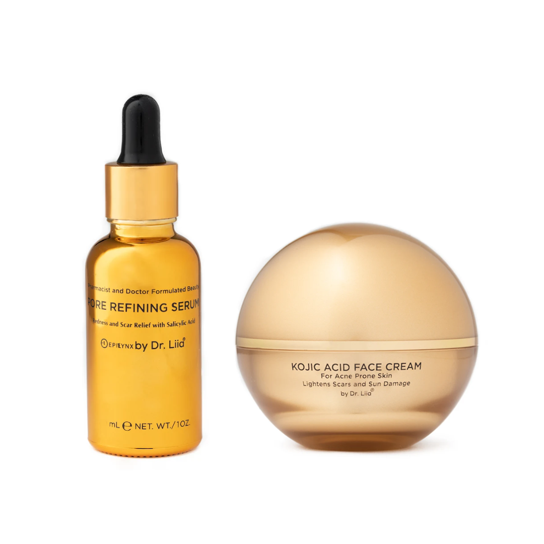 Serum bottle with dropper and spherical kojic acid face cream jar