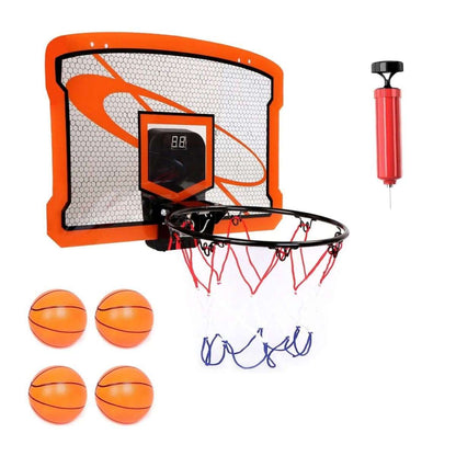 Indoor mini basketball hoop set with electric scorer, hanging net, 4 inflatable balls