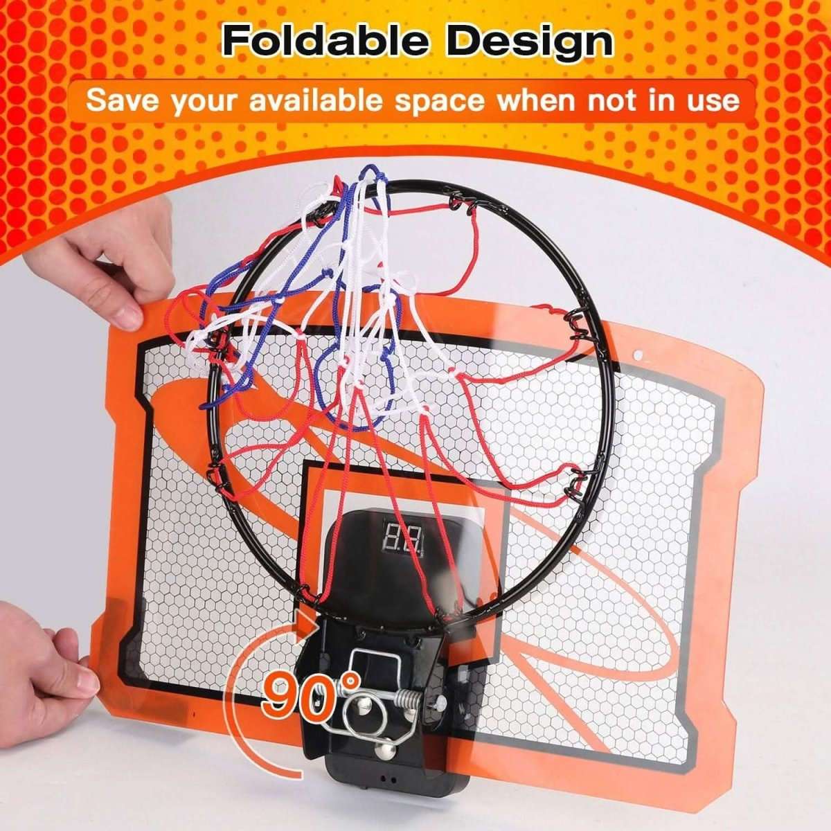 Foldable indoor mini basketball hoop set with electric scorer and hanging hoop frame
