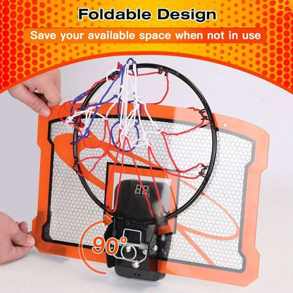 Foldable indoor mini basketball hoop set with electric scorer and hanging hoop frame