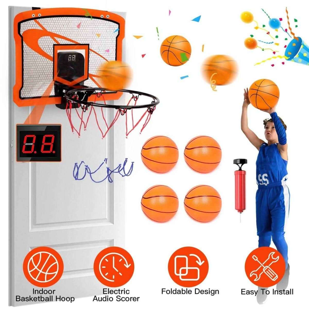 Indoor mini basketball hoop set with electric scorer display, net and 4 inflatable balls