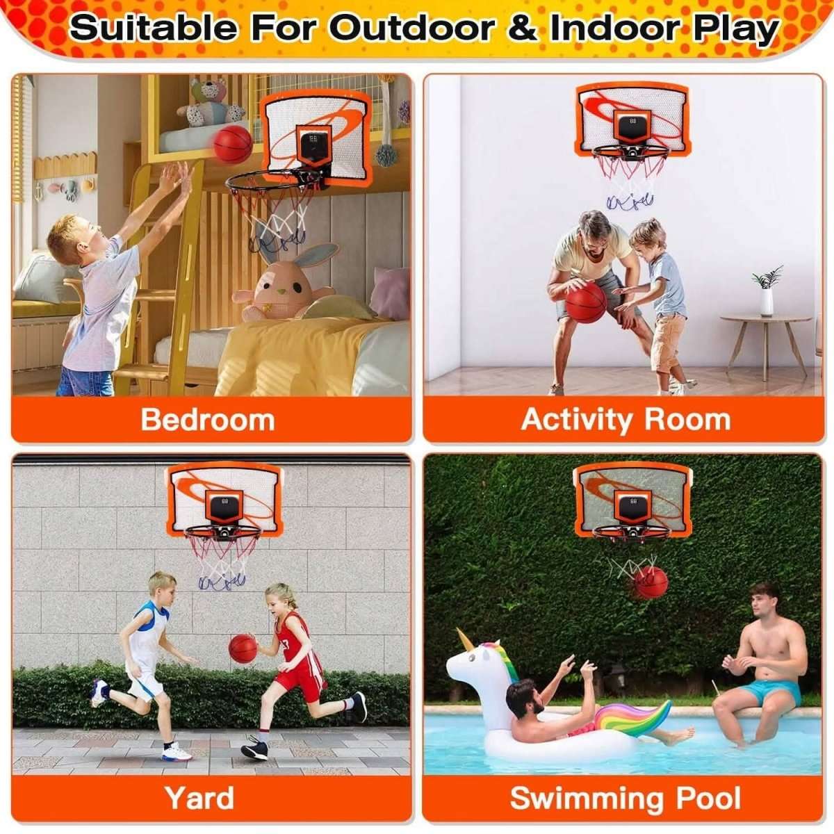 Indoor mini basketball hoop set with net and electric scorer device