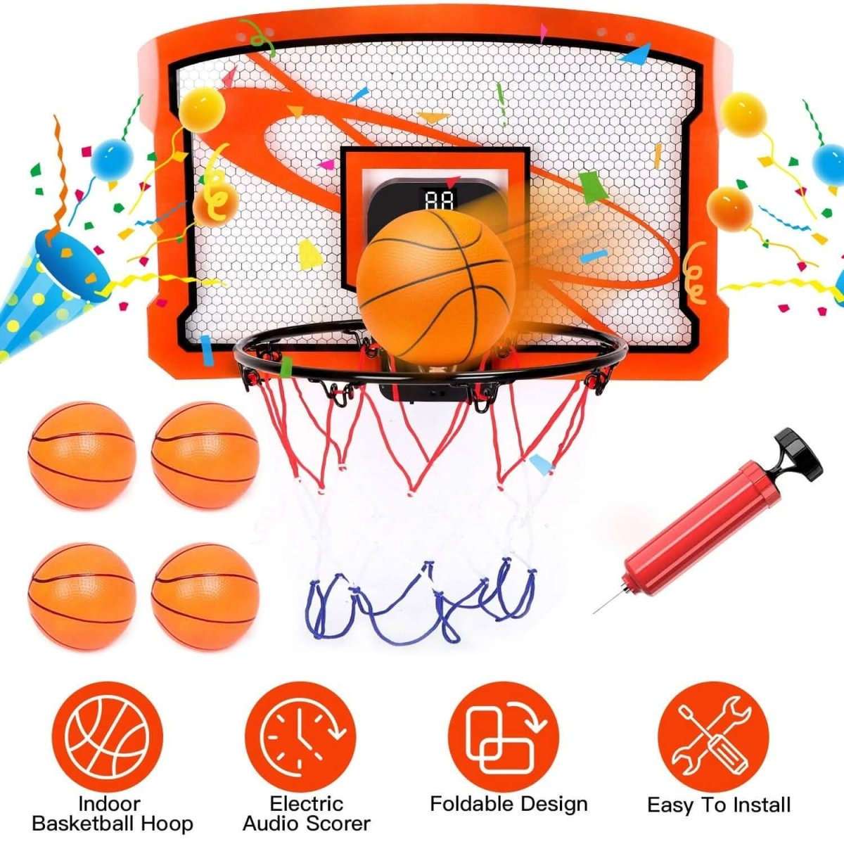 Indoor mini basketball hoop set with electric scorer and net, 4 inflatable balls