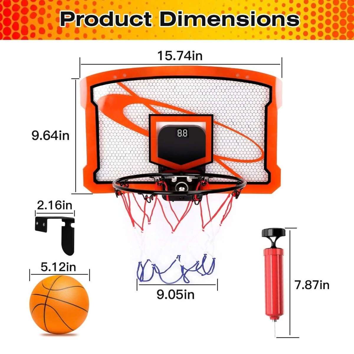 Indoor mini basketball hoop dimensions: orange rim, net, digital display; 1 inflatable ball