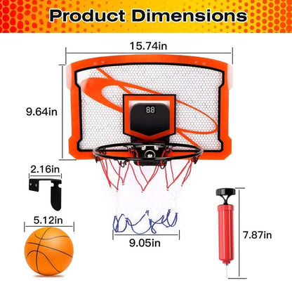 Indoor mini basketball hoop dimensions: orange rim, net, digital display; 1 inflatable ball