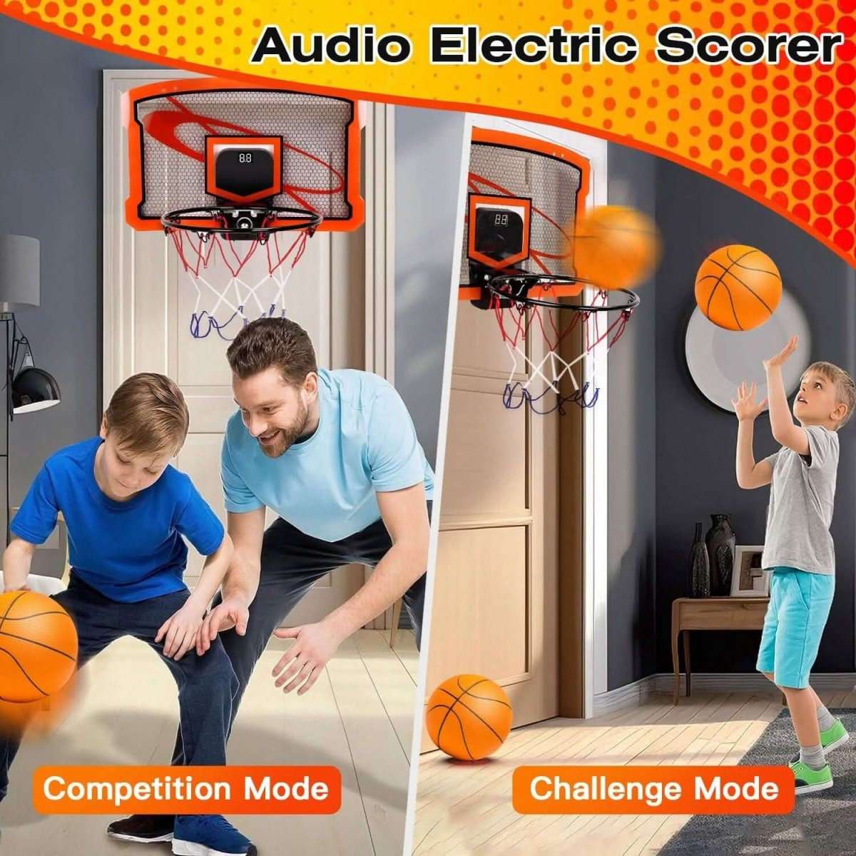 Indoor mini basketball hoop set with electric audio scorer display and net