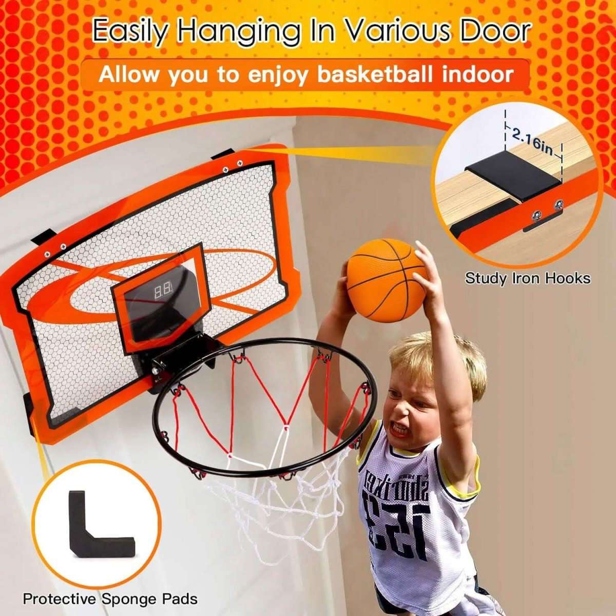 Indoor mini basketball hoop set with electric scorer and net, hanging hooks and pads