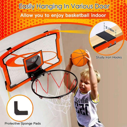 Indoor mini basketball hoop set with electric scorer and net, hanging hooks and pads
