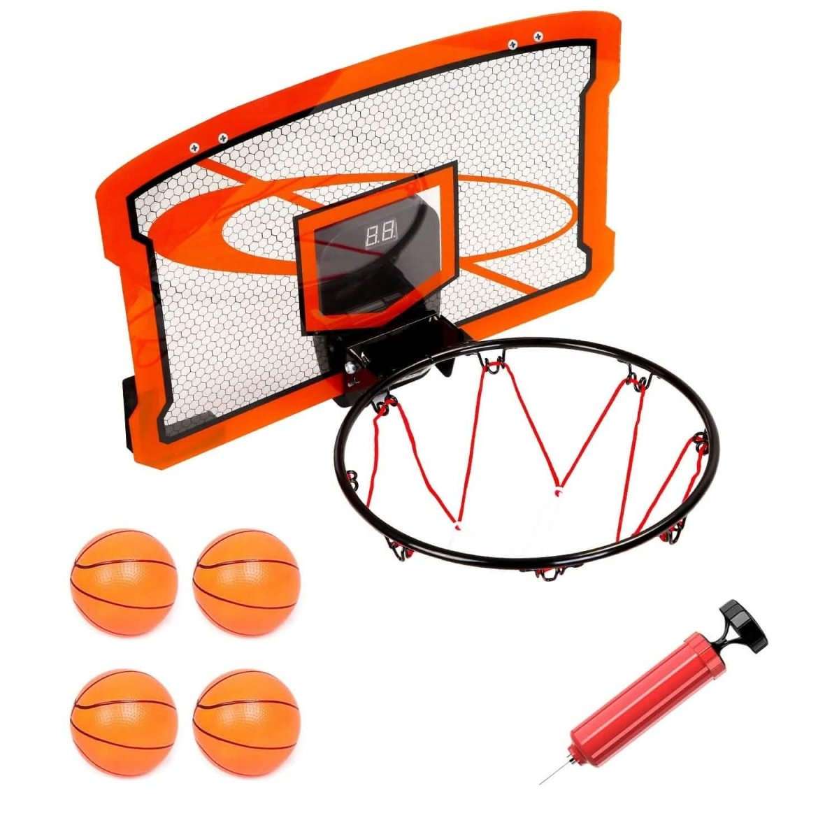 Indoor mini basketball hoop set with electric scorer, net, 4 inflatable balls