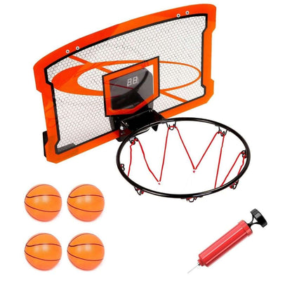 Indoor mini basketball hoop set with electric scorer, net, 4 inflatable balls