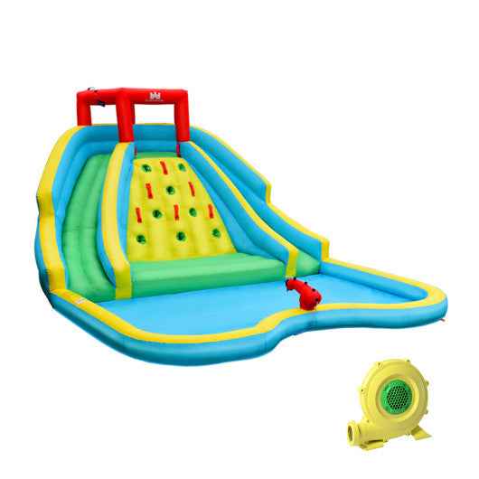 Inflatable water park bounce house with double slide, red frame, blue pool, includes blower
