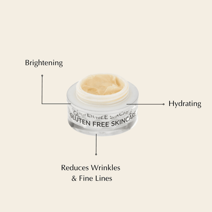 Eye cream jar with brightening, hydrating, and wrinkle-reducing labels in a diagram