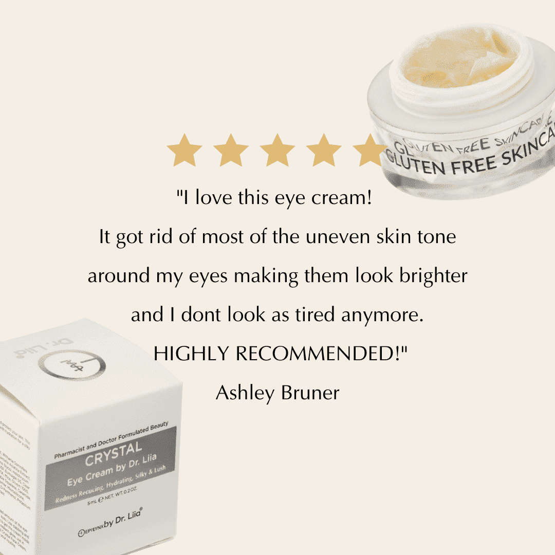 Eye cream jar with open lid and cream, with star rating and customer quote graphic