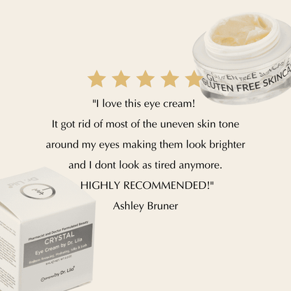 Eye cream jar with open lid and cream, with star rating and customer quote graphic