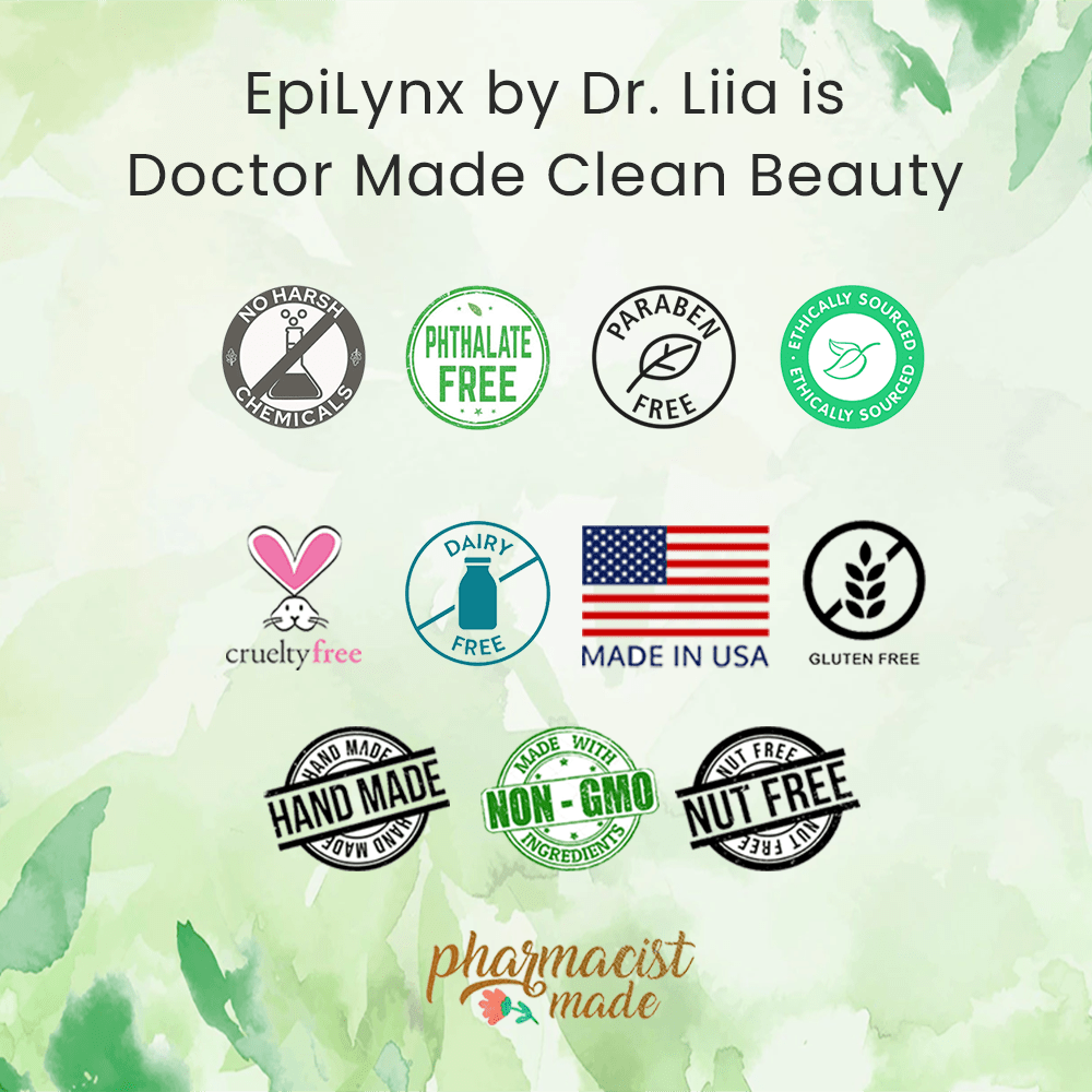 Clean beauty certification icons for EpilLynx by Dr. Lilia on an illustrated background