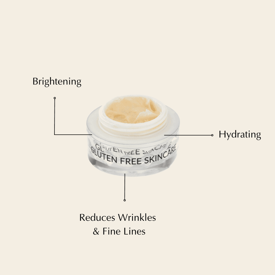 Eye cream jar with brightening, hydrating, and wrinkle-reducing labels in a diagram