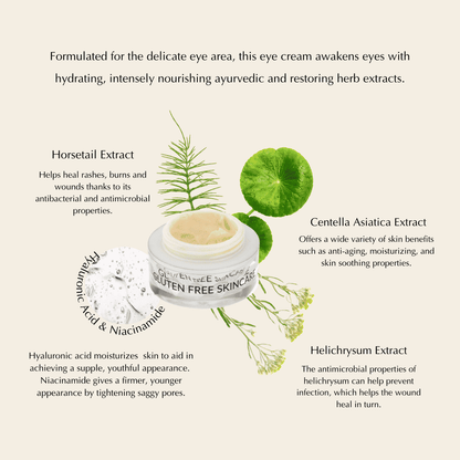 Eye cream jar with herbal extract icons and callouts on a light background