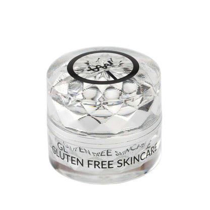 Eye cream jar with faceted clear texture and “GLUTEN FREE SKINCARE” label