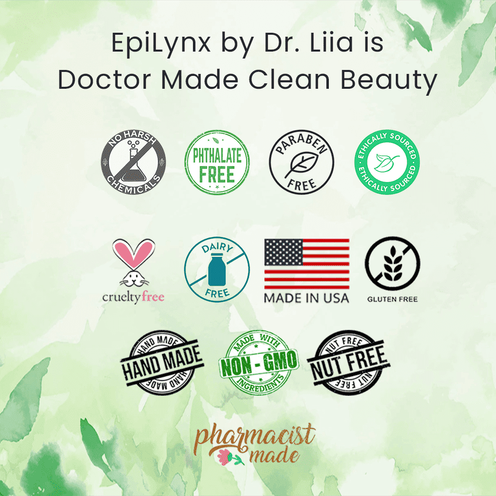 Clean beauty certification icons for EpilLynx by Dr. Lilia on an illustrated background