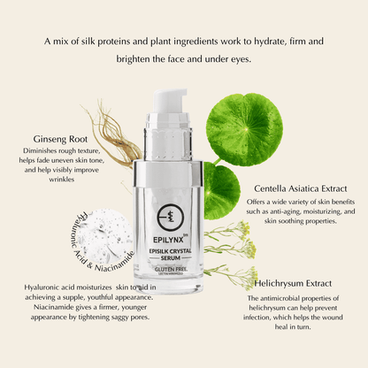 Face serum bottle with plant ingredient graphics and green leaf icons