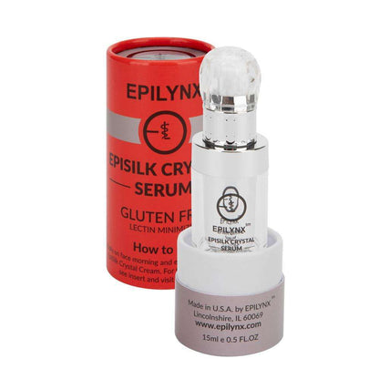 Face serum bottle with white cap beside red EPILYNX serum packaging
