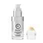 Intense brightening face serum bottle with white cap and small cream sample