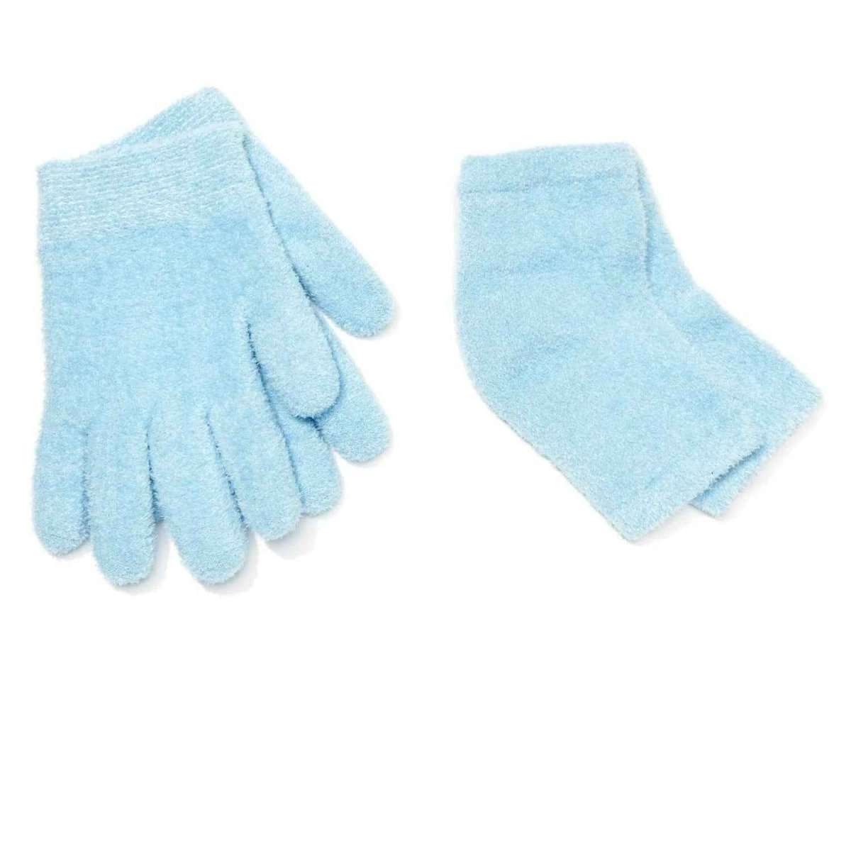 Aqua gel gloves and heel sleeves set, light blue soft fuzzy fabric