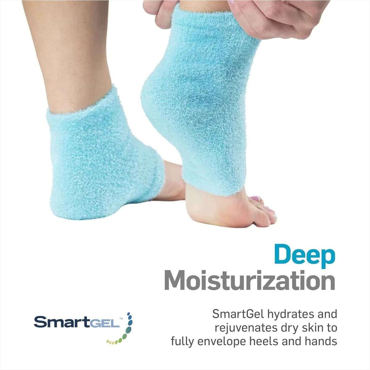 Aqua gel heel sleeves with cushioned cuffs, soft fuzzy fabric for feet
