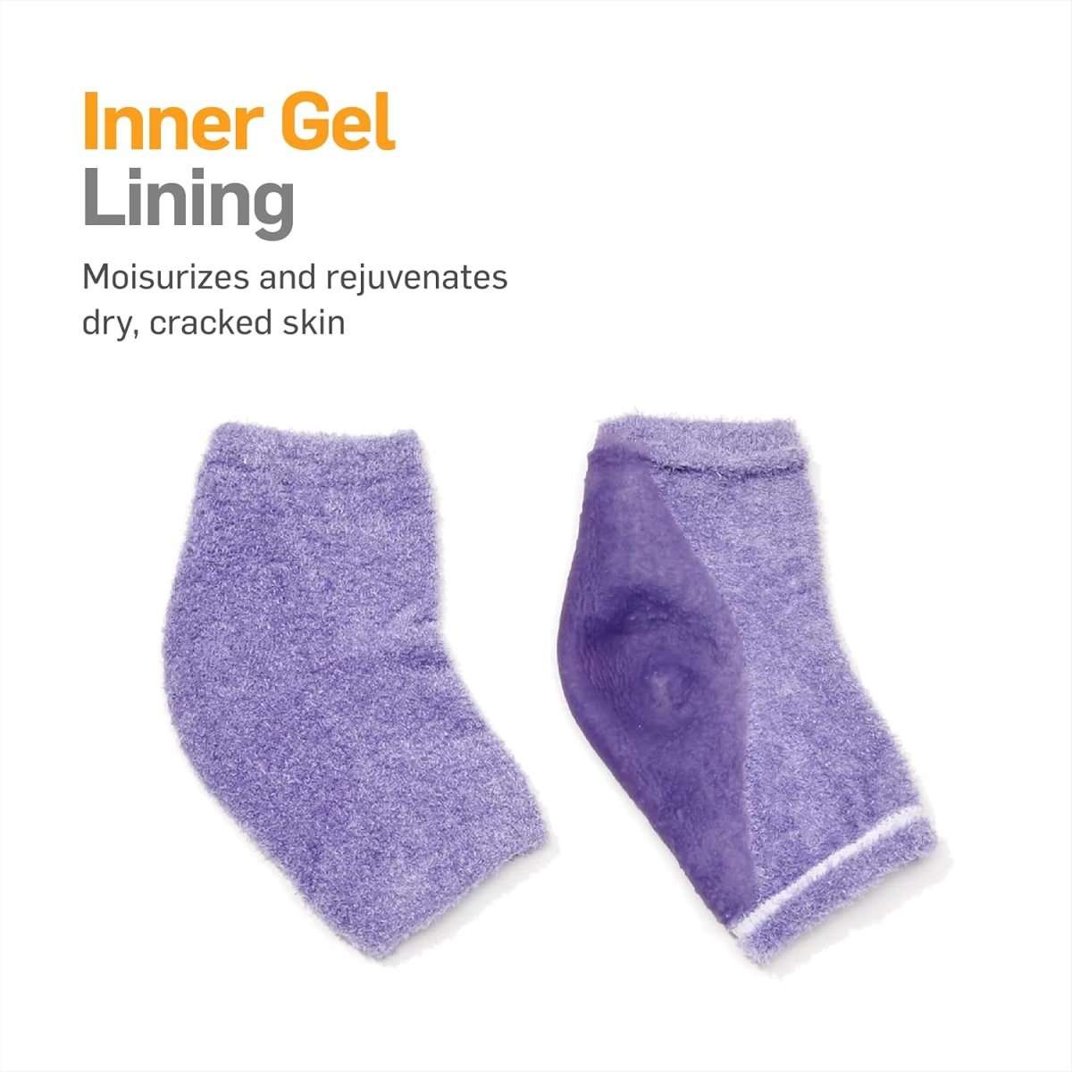 Inner gel lining infographic with purple gel socks and moisturizing message