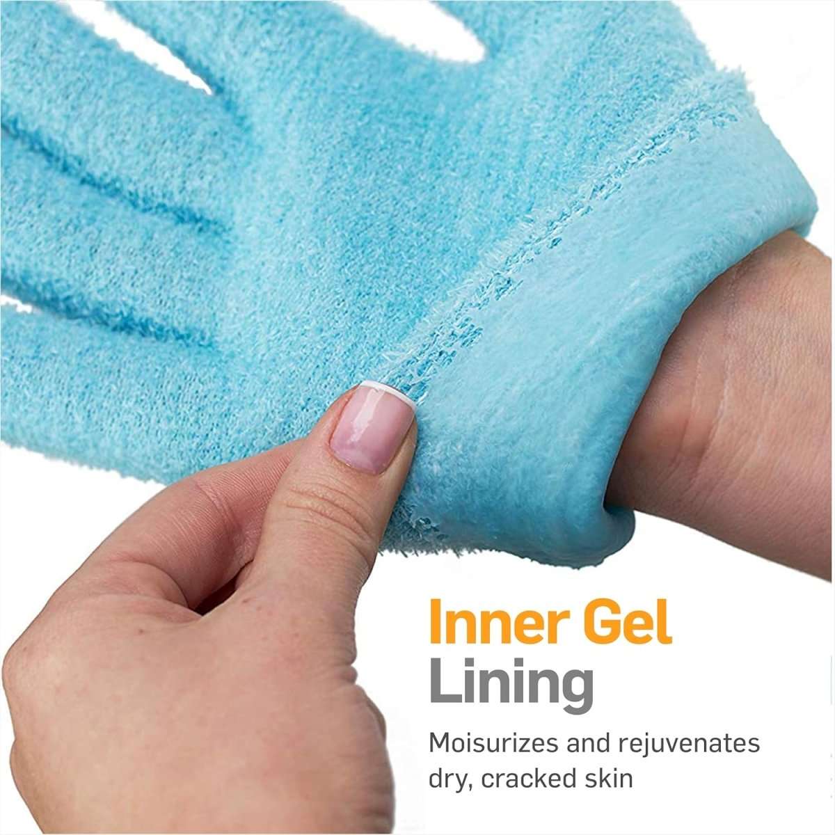 Aqua gel heel sleeve close-up with inner gel lining and finger pointing