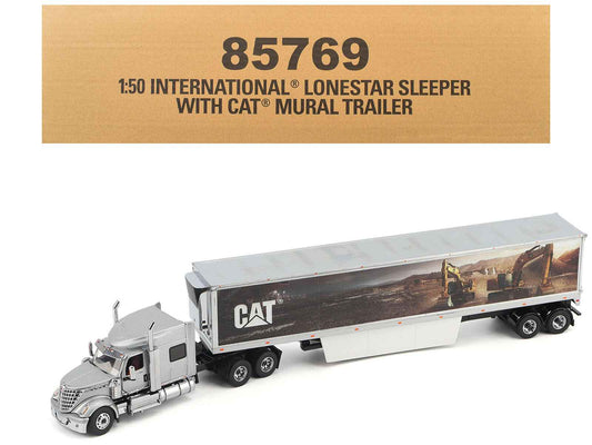 International Lonestar Truck with Sleeper Silver Metallic with "CAT Caterpillar" Mural Trailer "Transport Series" 1/50 Diecast Model by Diecast Masters Cartsfy Inc.