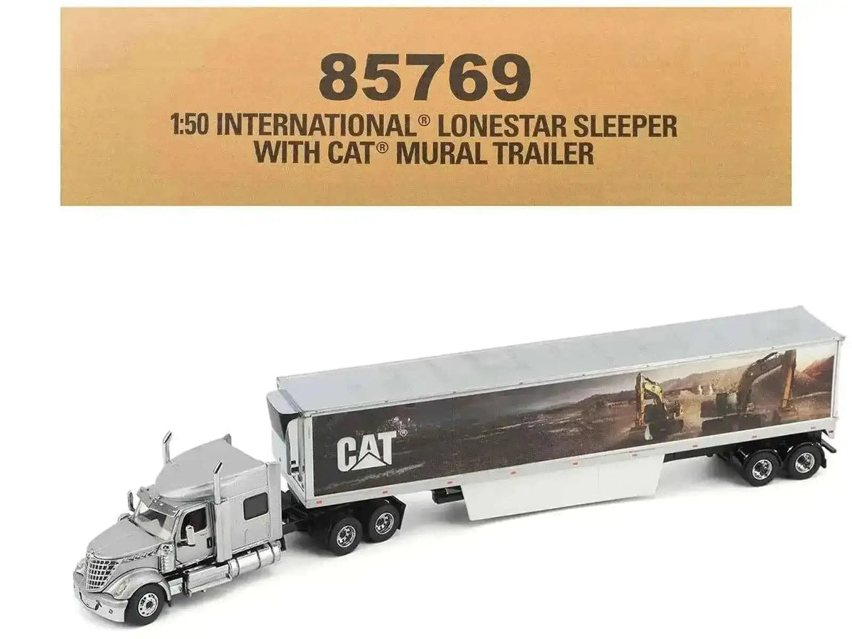 International Lonestar Truck with Sleeper Silver Metallic with "CAT Caterpillar" Mural Trailer "Transport Series" 1/50 Diecast Model by Diecast Masters Cartsfy Inc.