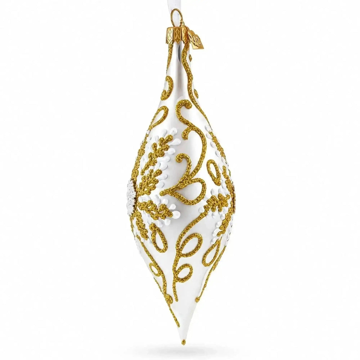 Ivory & Gold Pearl Embossed Elongated Pointed Teardrop Finial Glass Christmas Ornament Cartsfy Inc.
