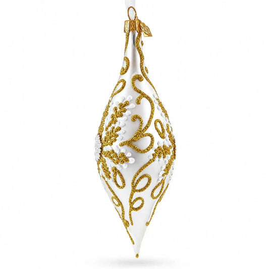 Ivory & Gold Pearl Embossed Elongated Pointed Teardrop Finial Glass Christmas Ornament Cartsfy Inc.
