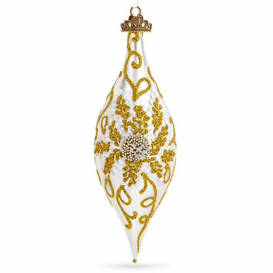 Ivory & Gold Pearl Embossed Elongated Pointed Teardrop Finial Glass Christmas Ornament Cartsfy Inc.