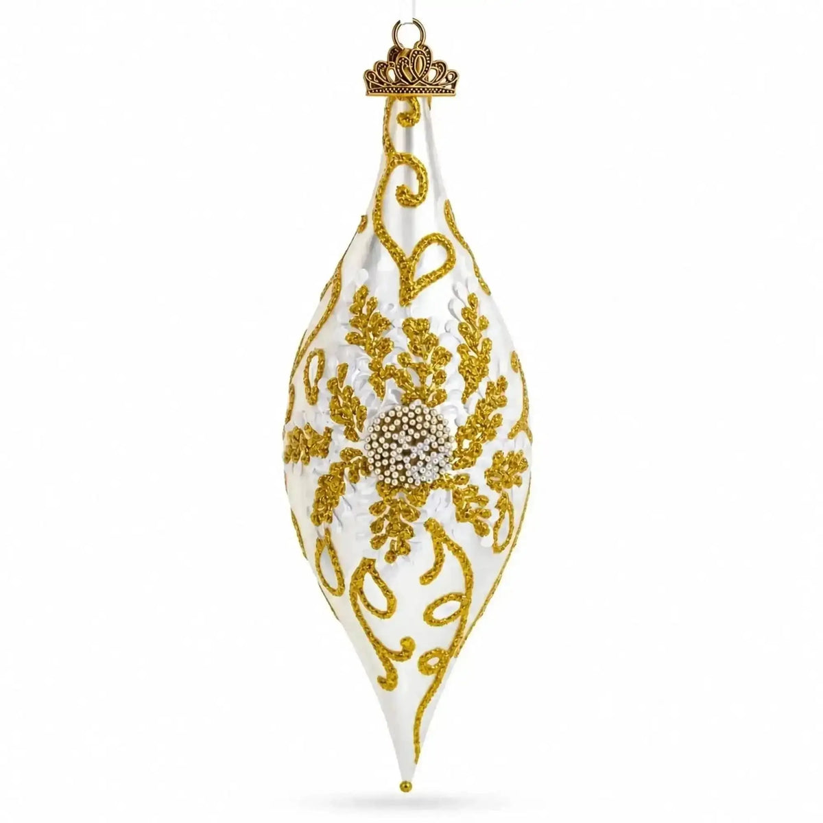 Ivory & Gold Pearl Embossed Elongated Pointed Teardrop Finial Glass Christmas Ornament Cartsfy Inc.