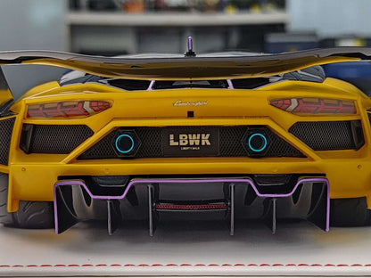 Yellow Lamborghini Aventador GT die-cast model with LBWK plate and purple rear diffuser