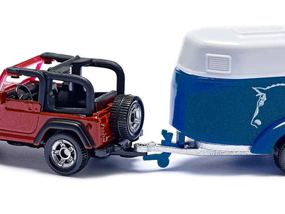 Jeep Red with Horse Trailer Blue and Horse Accessory Diecast Model by Siku Miniature Motors Default Title Default Title-