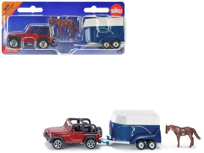 Jeep Red with Horse Trailer Blue and Horse Accessory Diecast Model by Siku Miniature Motors Default Title Default Title-
