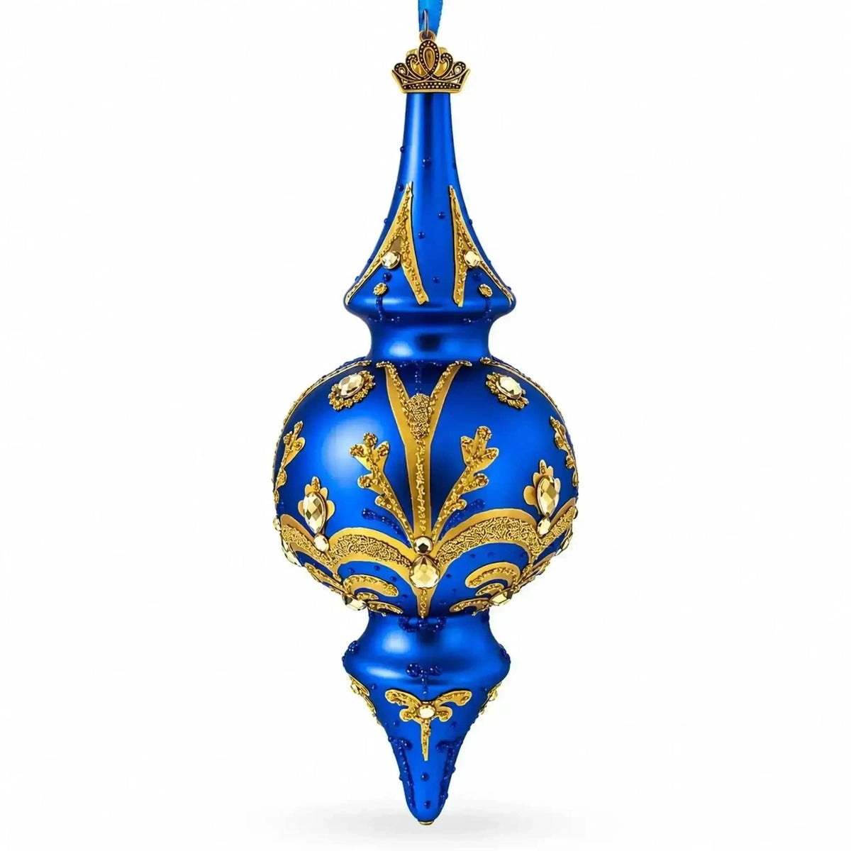 Jeweled Gold Scrollwork's on Blue Double-Ended Finial Drop Glass Christmas Ornament Cartsfy Inc.