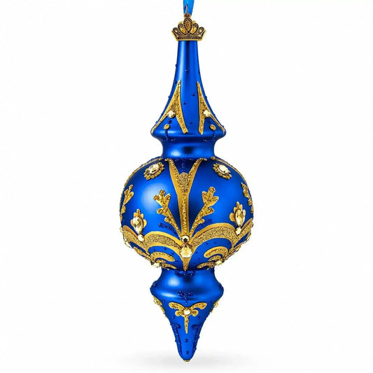 Jeweled Gold Scrollwork's on Blue Double-Ended Finial Drop Glass Christmas Ornament Cartsfy Inc.