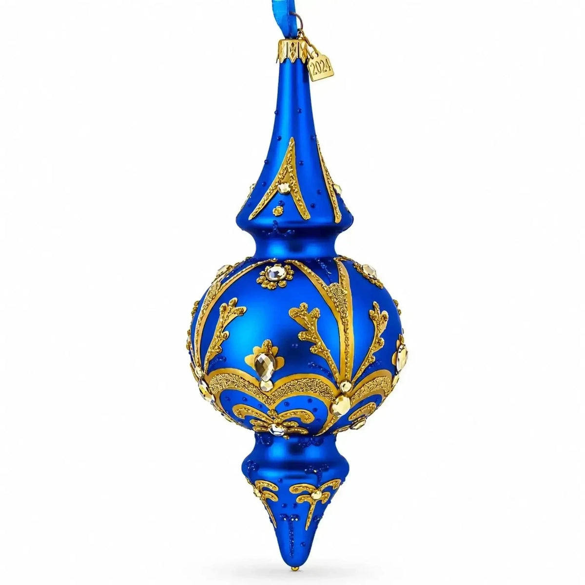 Jeweled Gold Scrollwork's on Blue Double-Ended Finial Drop Glass Christmas Ornament Cartsfy Inc.