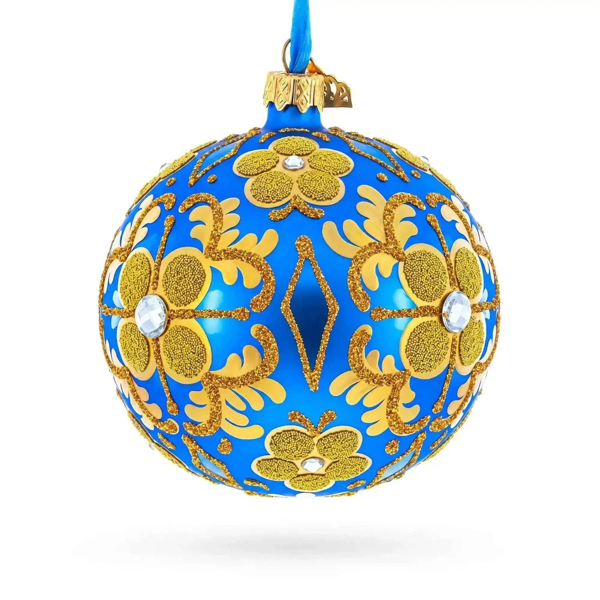 Jeweled Golden Leaves on Blue Glass  Ball Christmas Ornament 4 Inches Cartsfy Inc.