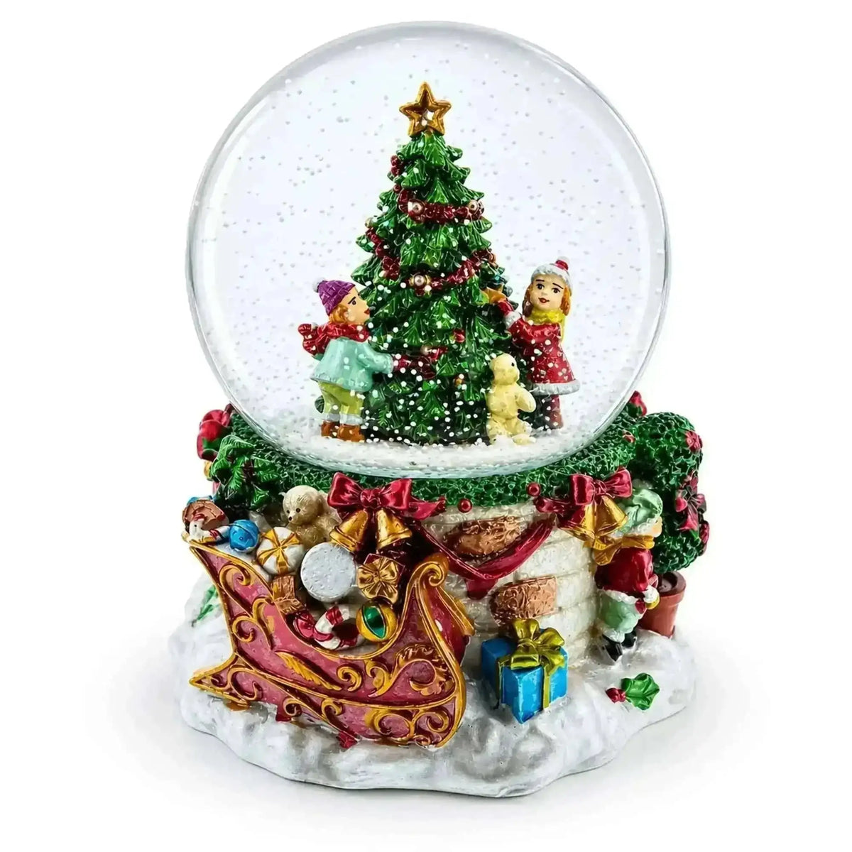 Joyful Children Adorning Christmas Tree: Musical Water Snow Globe Cartsfy Inc.