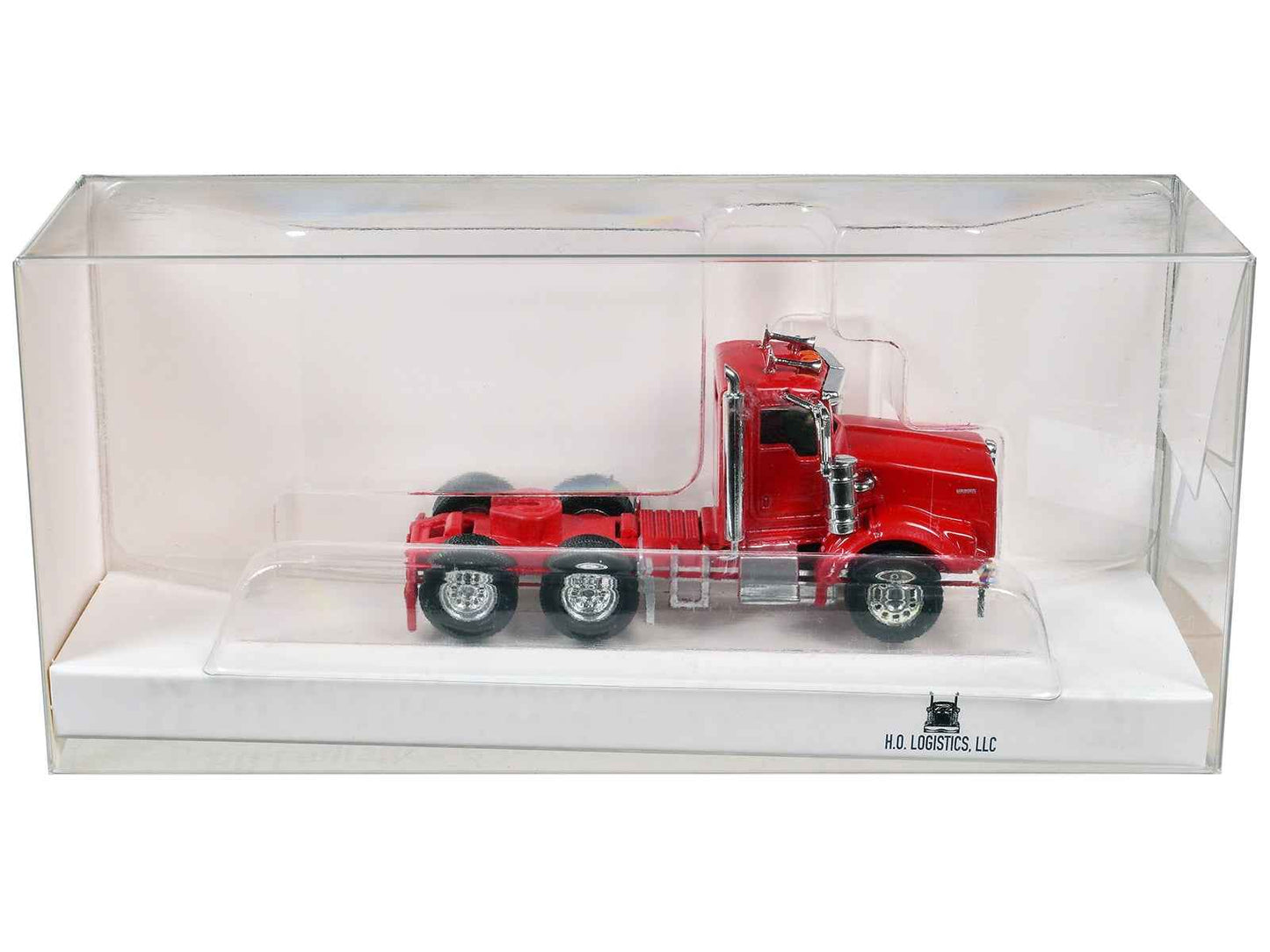 Red day cab plastic model truck with chrome details, in clear display case