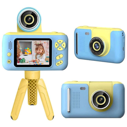 Blue kids digital camera with flip lens on tripod and handheld camera body, screen visible