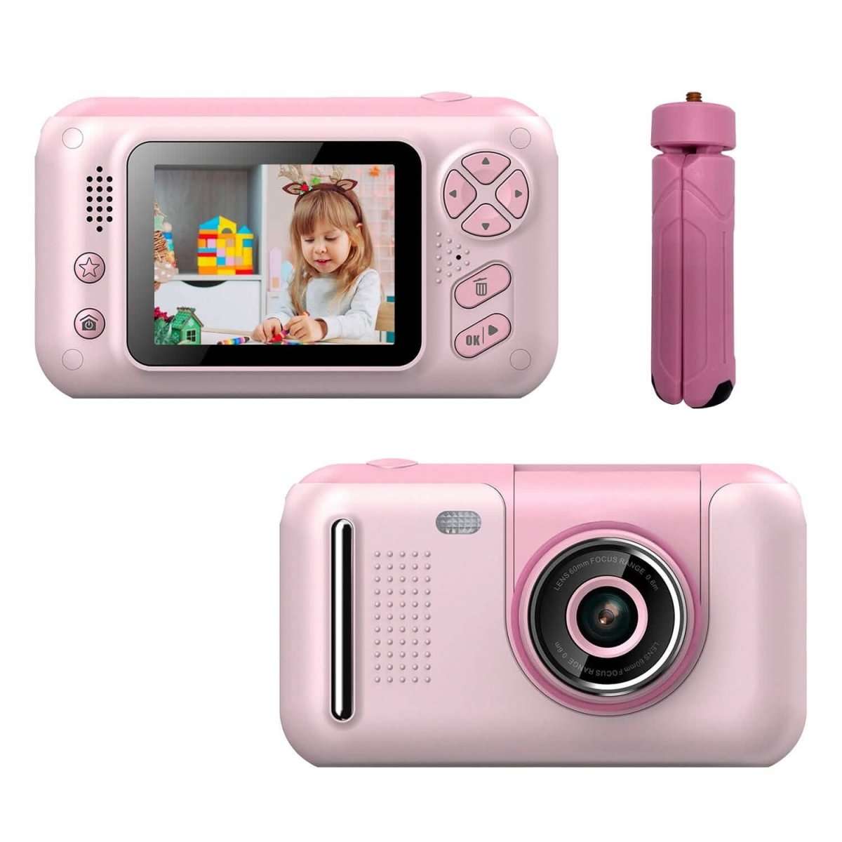 Pink kids digital camera with flip lens, buttons on top and side, and handheld grip